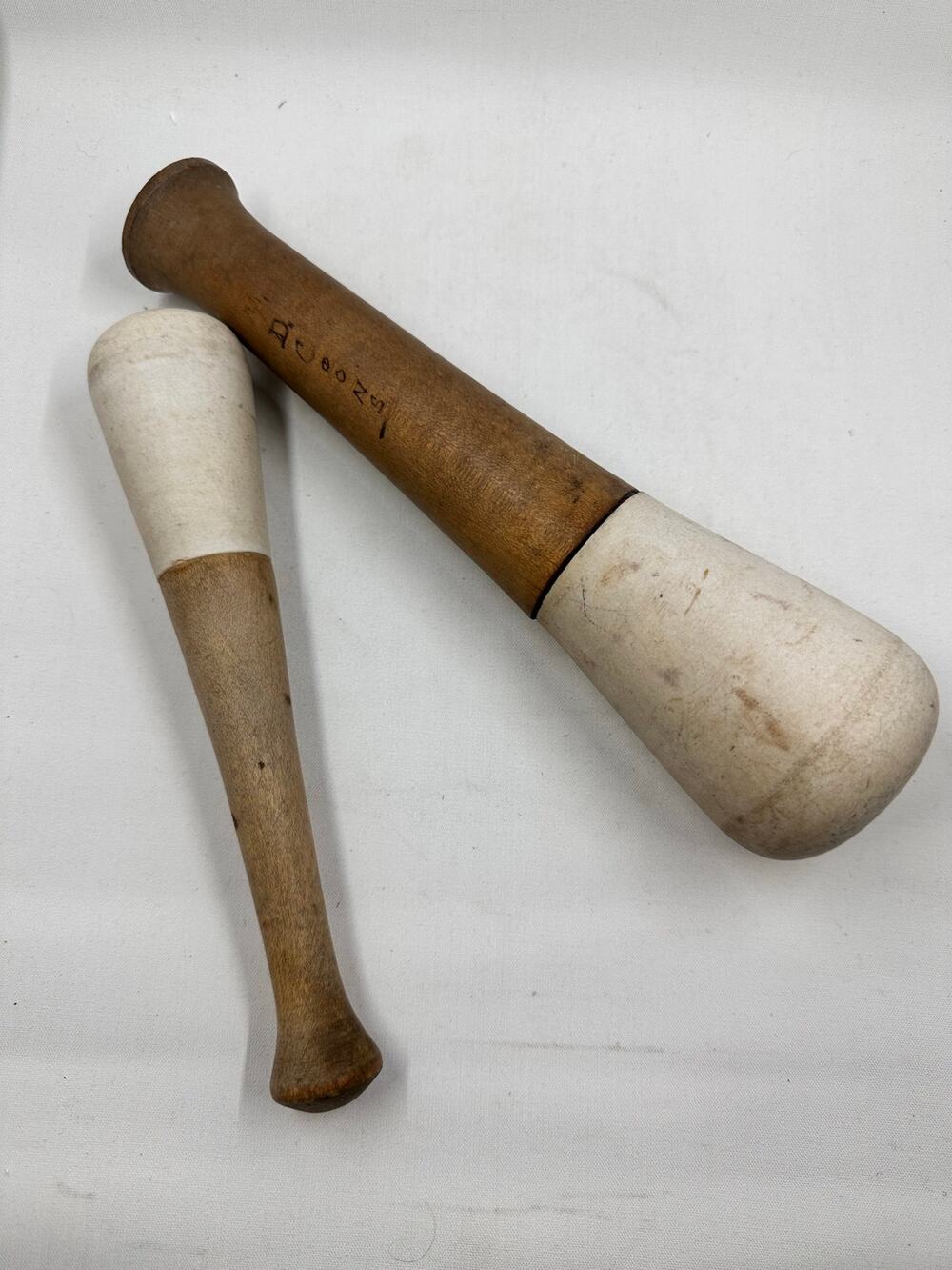 Antique Large Spanish Porcelain and Wood Pestle for a Mortar, Set of Two
